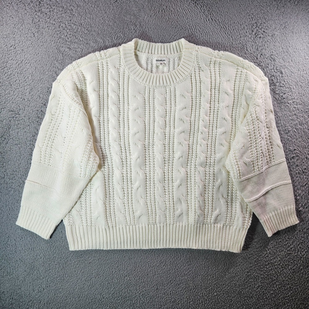 NWOT Sugarlips Sweater Women‎ XL Crew Neck Cable Knit White Preppy